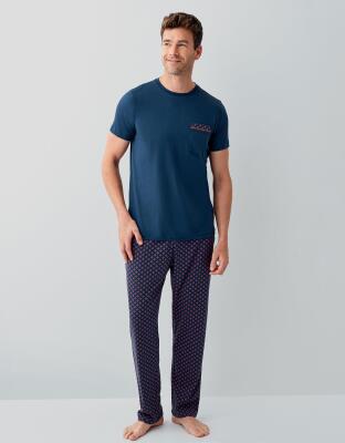 Erkek %100 Pamuk Pijama Takımı – Kısa Kollu Cepli T-Shirt & Desenli Uzun Pijama Altı - 2