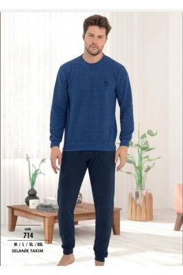 Erse - Erkek %100 Pamuk Yuvarlak Yaka, Manşet Kol, Dar Paça, Selanik Dokuma Kışlık Pijama