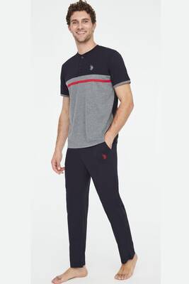 U.S. Polo Assn. - Erkek %100 Pamuklu Düğmeli Yuvarlak Yaka Pijama Takım