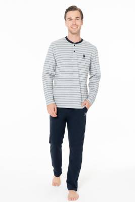 U.S. Polo Assn. - Erkek 2 İplik Kışlık Çizgili Uzunkol Düğmeli Yaka Ev Giyim Pijama Takım