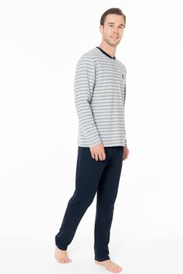 U.S. Polo Assn. - Erkek 2 İplik Kışlık Çizgili Uzunkol Düğmeli Yaka Ev Giyim Pijama Takım (1)