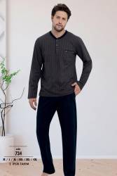 Erkek 2 İplik Uzunkol Pijama Takım, %100 Pamuk Büyük Beden Erkek Pijama Takım - Thumbnail