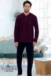 Erkek 2 İplik Uzunkol Pijama Takım, %100 Pamuk Büyük Beden Erkek Pijama Takım - Thumbnail