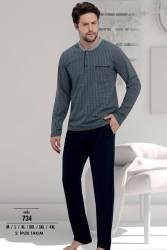 Erkek 2 İplik Uzunkol Pijama Takım, %100 Pamuk Büyük Beden Erkek Pijama Takım - Thumbnail