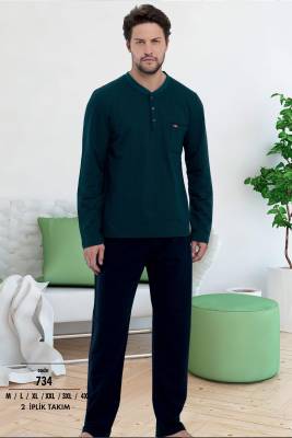 Erkek 2 İplik Uzunkol Pijama Takım, %100 Pamuk Büyük Beden Erkek Pijama Takım - 4