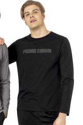 Pierre Cardin - Erkek Siyah Pijama Takım, %100 Pamuk, Uzunkollu, Cepli