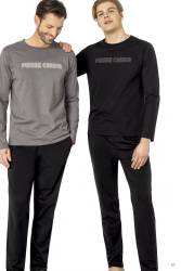 Erkek Siyah Pijama Takım, %100 Pamuk, Uzunkollu, Cepli - Thumbnail
