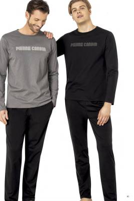 Pierre Cardin - Erkek Siyah Pijama Takım, %100 Pamuk, Uzunkollu, Cepli (1)