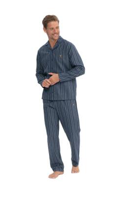 U.S. Polo Assn. - Erkek Dokuma Pijama Takım, Boydan Düğmeli Uzunkol Çizgili Pijama Takım