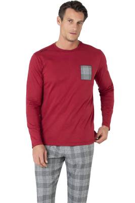 Pierre Cardin - Erkek Ekoseli Penye Pijama Takım, %100 Pamuk, Uzunkol Düz Paçalı