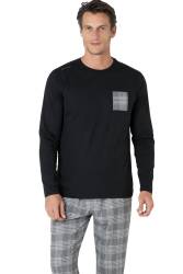 Erkek Ekoseli Penye Pijama Takım, %100 Pamuk, Uzunkol Düz Paçalı - Thumbnail