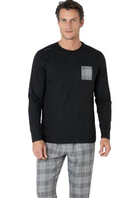 Erkek Ekoseli Penye Pijama Takım, %100 Pamuk, Uzunkol Düz Paçalı - 3