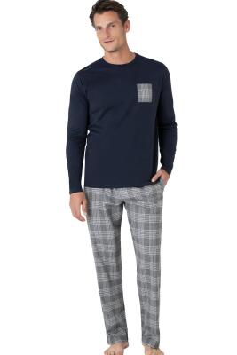 Erkek Ekoseli Penye Pijama Takım, %100 Pamuk, Uzunkol Düz Paçalı - 2