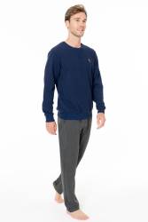 Erkek Kışlık 2 İplik Kışlık Ev Giyim Pijama Takım, üst uzunkol bisiklet yaka kol manşetli, alt cepli ve düz paça - Thumbnail