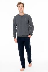 Erkek Kışlık 2 İplik Kışlık Ev Giyim Pijama Takım, üst uzunkol bisiklet yaka kol manşetli, alt cepli ve düz paça - Thumbnail