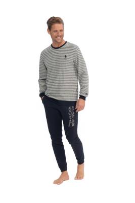 U.S. Polo Assn. - Erkek Kışlık Pijama Takım, Üst Çizgili Manşet Kol, Alt Cepli Yazılı Dar Paça