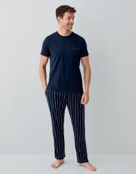 Erkek Lacivert %100 Pamuk Kısa Kollu Pijama Takımı – Çizgili Cepli Alt, Düz Renk Üst, Rahat Kesim  (1)