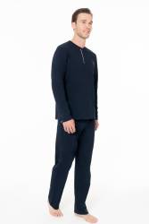 Erkek Lacivert %100 Pamuk Penye Mevsimlik Ev Giyim Alt Üst Takım - Thumbnail