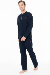 Erkek Lacivert %100 Pamuk Penye Mevsimlik Ev Giyim Alt Üst Takım - Thumbnail