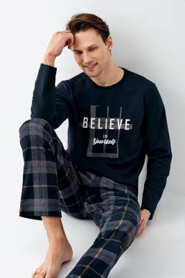 Arnetta - Erkek Lacivert %100 Pamuklu Ekoseli Pijama Takım (1)