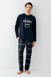 Erkek Lacivert %100 Pamuklu Ekoseli Pijama Takım - Thumbnail