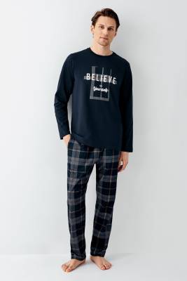 Arnetta - Erkek Lacivert %100 Pamuklu Ekoseli Pijama Takım
