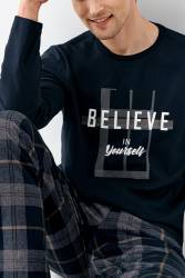 Erkek Lacivert %100 Pamuklu Ekoseli Pijama Takım - 3