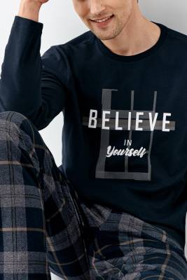 Erkek Lacivert %100 Pamuklu Ekoseli Pijama Takım - 3