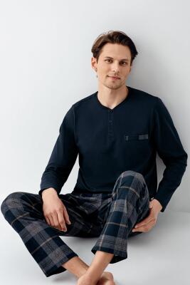 Erkek Lacivert %100 Pamuklu Pijama Takım - 1