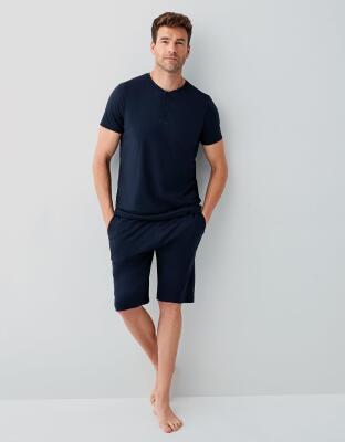Erkek Lacivert 3’lü Kutulu Pijama Takımı %100 Pamuk – Kısa Kollu Düğmeli Üst & Uzun Cepli Alt ve Cepli Şort Set - 2