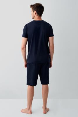 Erkek Lacivert 3’lü Kutulu Pijama Takımı %100 Pamuk – Kısa Kollu Düğmeli Üst & Uzun Cepli Alt ve Cepli Şort Set - 5