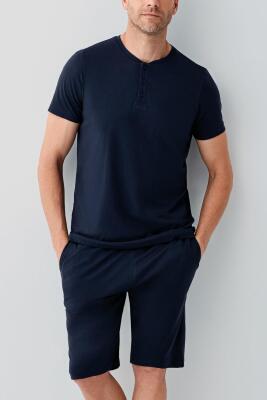 Erkek Lacivert 3’lü Kutulu Pijama Takımı %100 Pamuk – Kısa Kollu Düğmeli Üst & Uzun Cepli Alt ve Cepli Şort Set - 7
