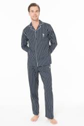 Erkek Lacivert Çizgili Gömlek Pijama Takım, %100 pamuk - Thumbnail