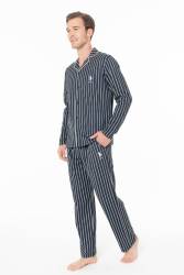 Erkek Lacivert Çizgili Gömlek Pijama Takım, %100 pamuk - 2
