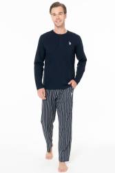 Erkek Lacivert Pijama Takım, %100 pamuk, Alt Çizgili, Üst Düz Renk ve Düğmeli - Thumbnail