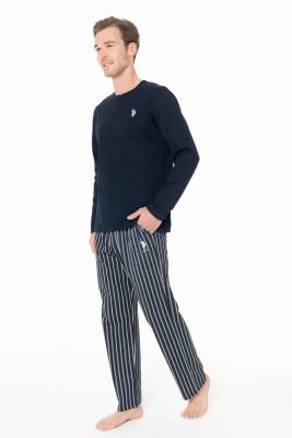 U.S. Polo Assn. - Erkek Lacivert Pijama Takım, %100 pamuk, Alt Çizgili, Üst Düz Renk ve Düğmeli (1)