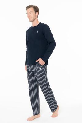 Erkek Lacivert Pijama Takım, %100 pamuk, Alt Çizgili, Üst Düz Renk ve Düğmeli - 2