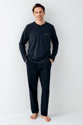Arnetta - Erkek Lacivert Selanik Dokuma Kışlık Pijama Takım