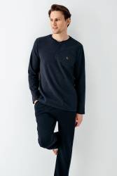 Erkek Lacivert Selanik Dokuma Kışlık Pijama Takım - Thumbnail