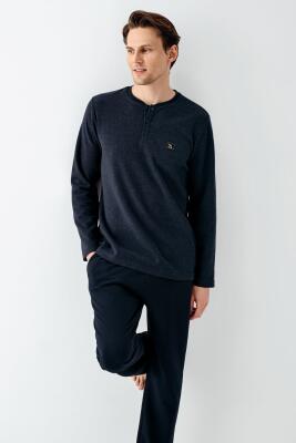 Erkek Lacivert Selanik Dokuma Kışlık Pijama Takım - 2