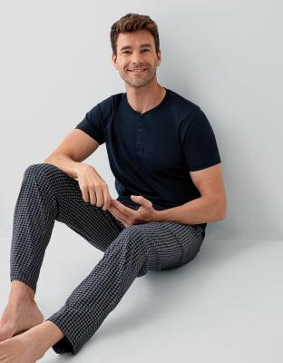 Erkek Lacivert Yazlık %100 Pamuk Pijama Takımı – Cepli,Büyük Bedenli, Nefes Alan, Rahat Kesim, Günlük Konfor - 1