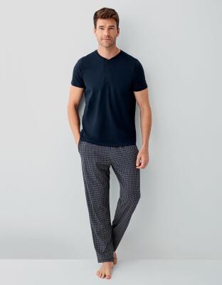 Erkek Lacivert Yazlık %100 Pamuk Pijama Takımı – Cepli,Büyük Bedenli, Nefes Alan, Rahat Kesim, Günlük Konfor - 2