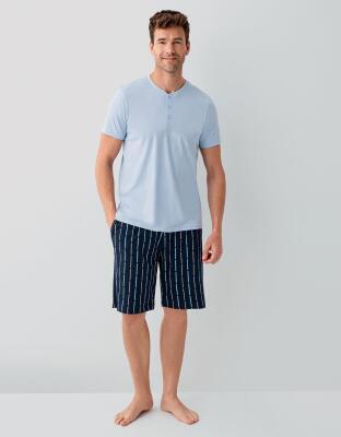 Erkek Mavi %100 Pamuk Alt Üst Takım – T-Shirt & Şort Takım | Ev Giyim ve Dış Giyime Uygun - 2