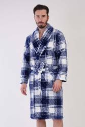 Erkek Mavi Süper Yumuşak Ekoseli Vienetta Welsoft Şal Yaka Uzun Kol Cepli Polar Sabahlık - Thumbnail
