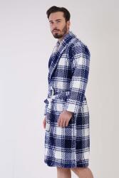 Erkek Mavi Süper Yumuşak Ekoseli Vienetta Welsoft Şal Yaka Uzun Kol Cepli Polar Sabahlık - 3