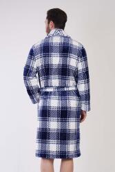 Erkek Mavi Süper Yumuşak Ekoseli Vienetta Welsoft Şal Yaka Uzun Kol Cepli Polar Sabahlık - 4