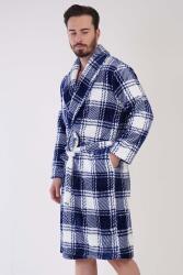 Erkek Mavi Süper Yumuşak Ekoseli Vienetta Welsoft Şal Yaka Uzun Kol Cepli Polar Sabahlık (1)