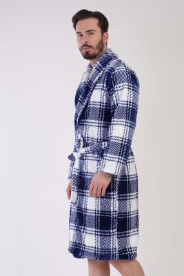 Erkek Mavi Süper Yumuşak Ekoseli Vienetta Welsoft Şal Yaka Uzun Kol Cepli Polar Sabahlık - 3