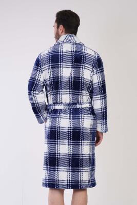 Erkek Mavi Süper Yumuşak Ekoseli Vienetta Welsoft Şal Yaka Uzun Kol Cepli Polar Sabahlık - 4