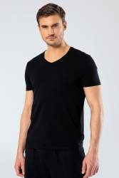 Erkek Pamuklu V Yaka Kısakol T-shirt, %95 Pamuk %5 Likra - Thumbnail